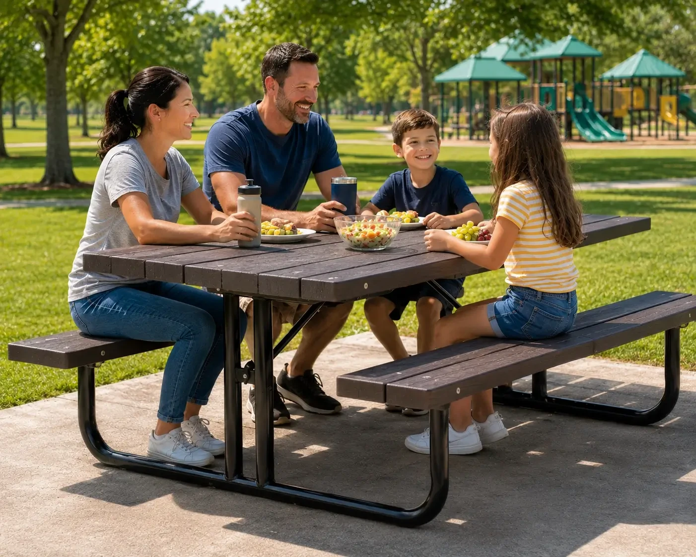 Family enjoying lunch at a rectangular commercial picnic table near a playground in a public park.